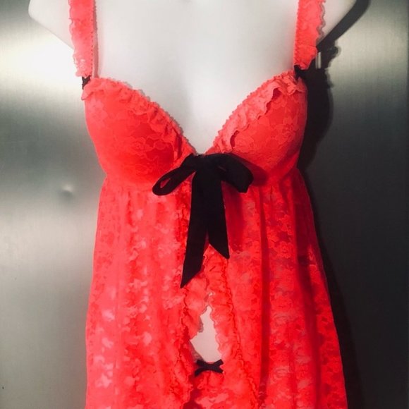 💕La Senza Hot Coral Padded Push Up Bra Lace Babydoll Lingerie w/Panties S NWOT💕 - Picture 14 of 16